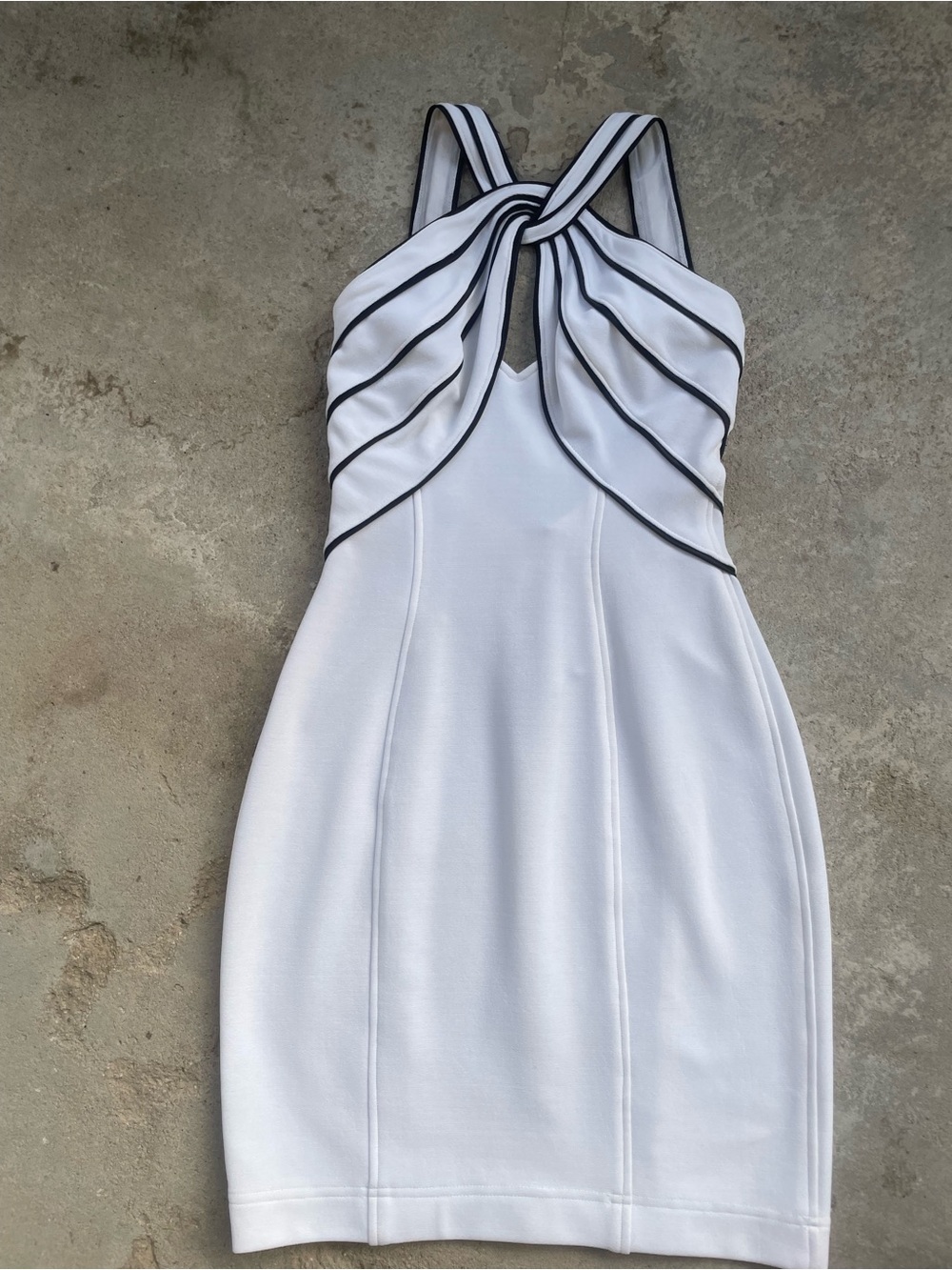 VTG Tadashi 90s White Halter Party Dress with Black Piping